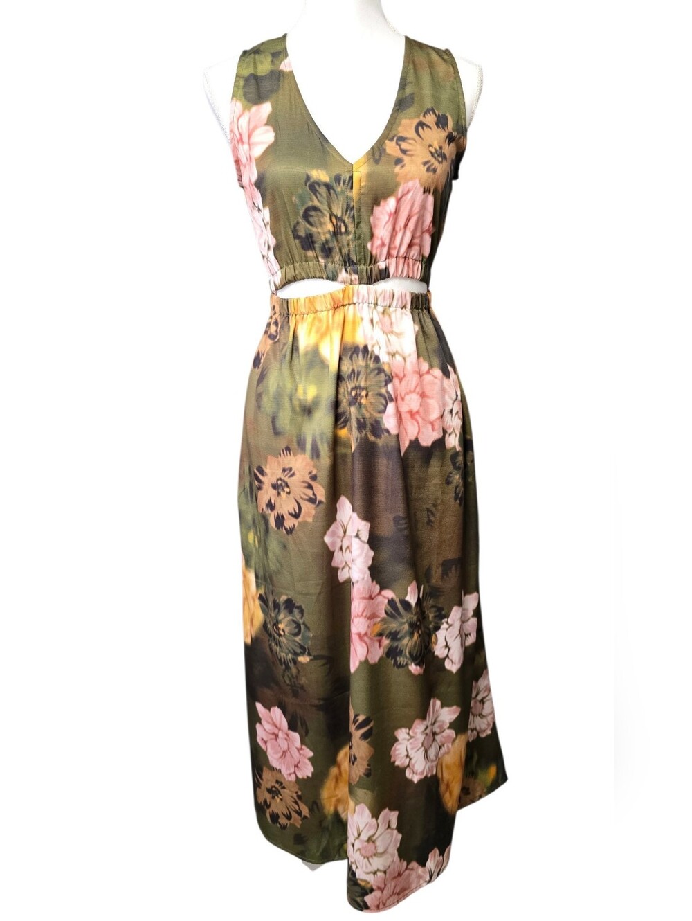 Floral Cutout Maxi Dress in Olive and Pink